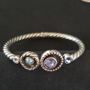 Brighton Silver Hinged Bracelet With Blue And Lavender Crystals Nwot